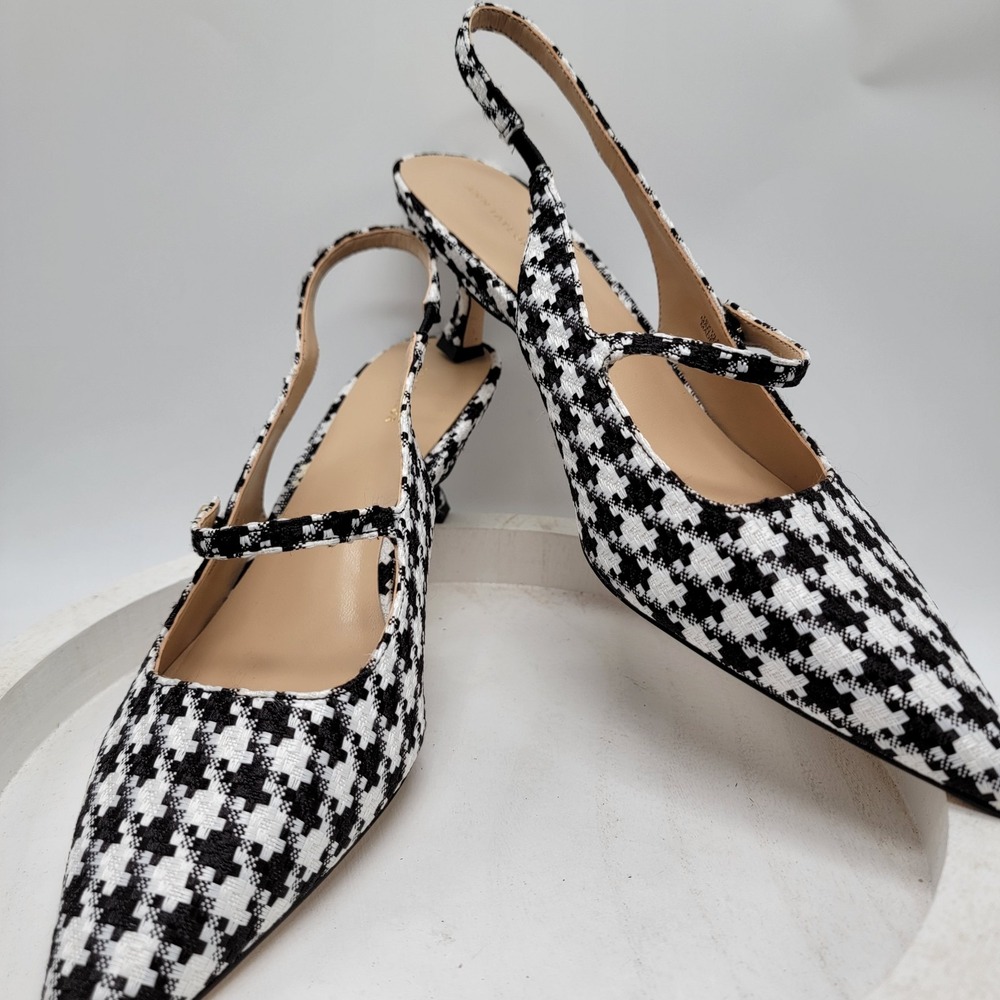 Ann Taylor Houndstooth Mary Jane Slingback Kitten Heel Pumps Black White Size 9